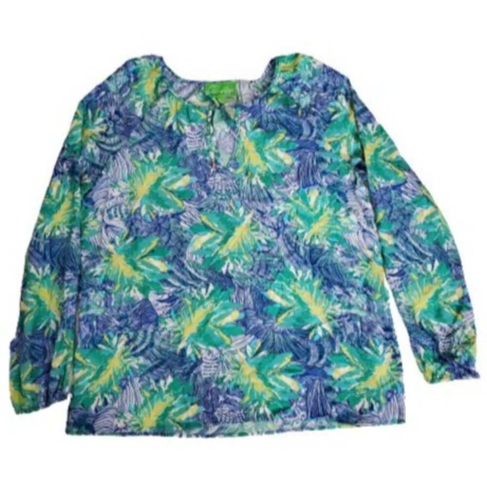 Pappagallo Women's Long Sleeve Tie Neck Printed Colette Top Blue/Green Sz Large‎ - Picture 2 of 10